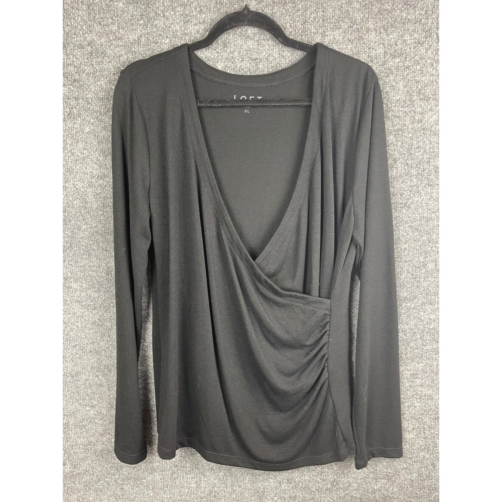LOFT Wrap Top Women XL Black Excellent Long Sleeve Surplice Ruched Knit Blouse